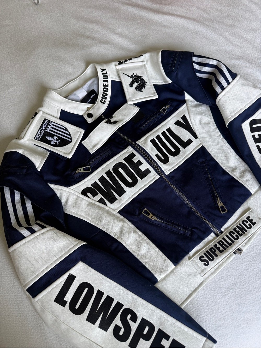 Women's Navy & White Graphic Faux Leather Racing Jacket by Innovare Denim
